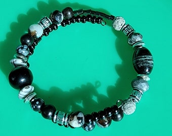 Masculine memory wire bracelet with zebra jasper barrel bead