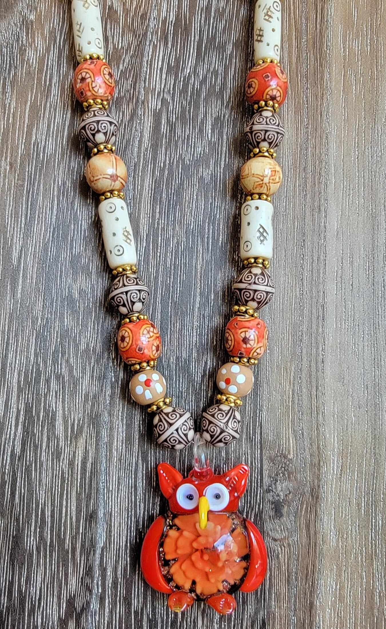 Owl in the Woods necklace autumn colors
