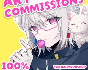 May include: An anime-style illustration with the text "ART COMMISSIONS" in pink. The image features a character with white hair, pink glasses, and a lollipop. A white cat is perched on the character's shoulder. The text "100% CUSTOM HAND-DRAWN ART" is also present.