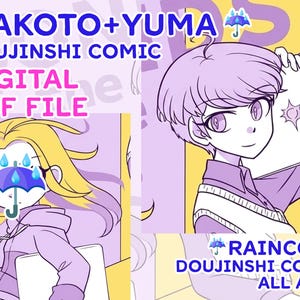 Peut inclure: Fichier PDF numérique d'une bande dessinée doujinshi intitulée "Makoto + Yuma". L'image présente deux personnages de style anime, l'un avec des cheveux blonds et l'autre avec des cheveux violets. Le texte comprend "Raincode Doujinshi Comic All Ages".