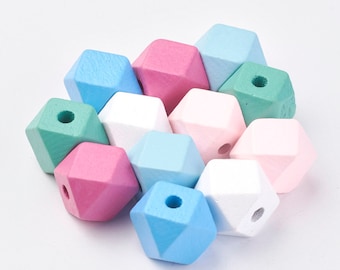 Hexagon Polygon Perlen Natur Holz Pastell Farben Rosa Blau Pink Weiß Grün 12 x 12 x 12 mm