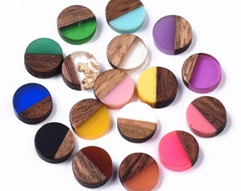10 / 20 / 50 pieces Wood and Resin Cabochon Round Flat Colored 10 mm Mix - Pairs - Selection