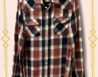 Elwood Plaid Shirt: Navy Blue, Maroon Checkered Long Sleeve
