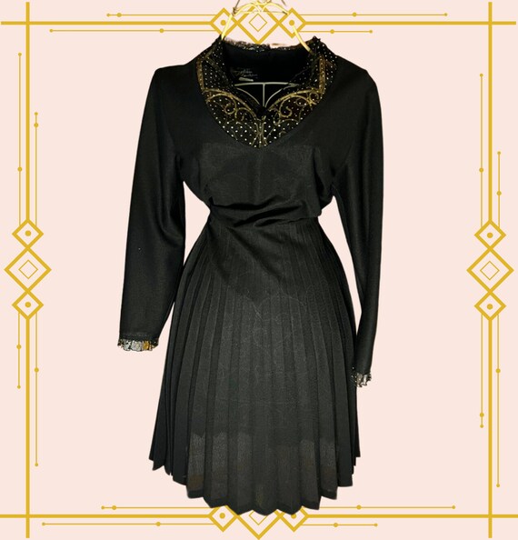 Vintage Black Dress with Mesh Frill Trim - image 3