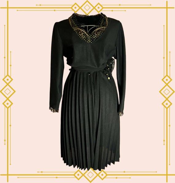 Vintage Black Dress with Mesh Frill Trim - image 2