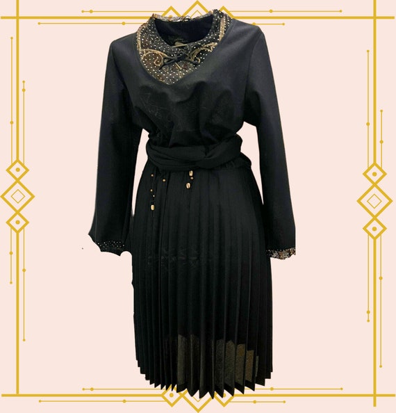 Vintage Black Dress with Mesh Frill Trim - image 1