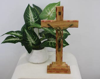 Standing Cross -Red Edging l Light Wood l Gold Plated Jesus | Religious | Housewarming | Christening l Baptism l Christian l Christmas