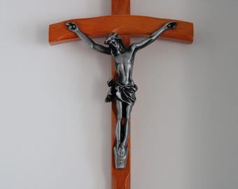 Wall Hanging Wood Cross | Burnt Orange Cross with Silver Crucified Jesus | Housewarming | Religious Statue | Religious Gift | Christening