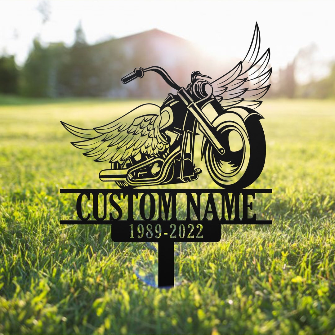 Personalized Motorcycle Memorial Garden Stake – “Riding in Loving Memory” Custom Name Metal Sign, Sympathy Gift for Loss of Biker, Outdoor Grave or Yard Decor