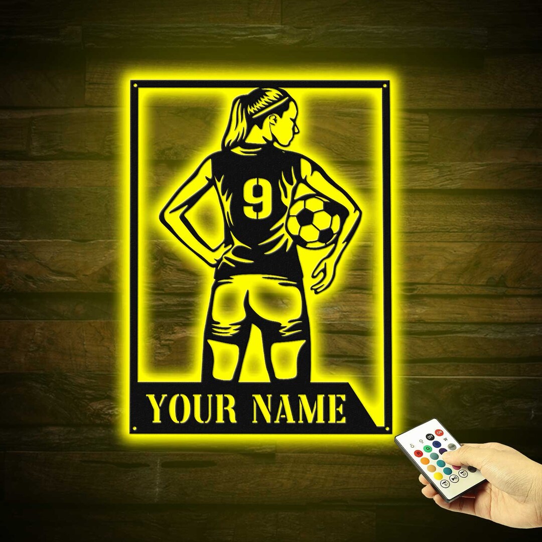 Personalized Soccer Name Sign Metal Art LED, Soccer Girl, Soccer Girl Gift Metal Sign, Multi