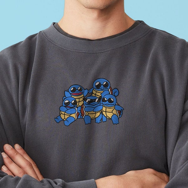 Squirtle Squad Pokemon geborduurde hoodie, full color gestikt anime streetwear sweatshirt, retro gaming jaren 90 esthetische Tshirt