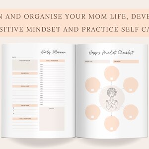 May include: Open notebook with a daily planner and a happy mindset checklist. The planner includes sections for daily schedule, priorities, to-do list, and meal plan. The checklist features a central illustration surrounded by circles.