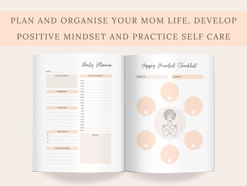 May include: Open notebook with a daily planner and a happy mindset checklist. The planner includes sections for daily schedule, priorities, to-do list, and meal plan. The checklist features a central illustration surrounded by circles.