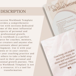 Puede incluir: Una plantilla de cuaderno de trabajo con el texto "DESCRIPTION" en la parte superior. El texto describe el cuaderno de trabajo como un recurso para el crecimiento personal y profesional. La imagen tambi&eacute;n incluye el texto "FOCUS on Goal Setting" y una cita sobre coaching.