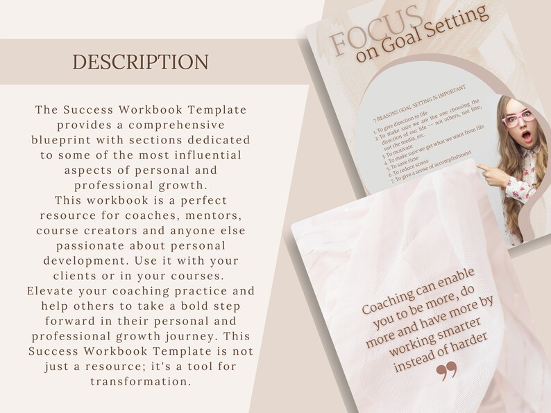 Puede incluir: Una plantilla de cuaderno de trabajo con el texto "DESCRIPTION" en la parte superior. El texto describe el cuaderno de trabajo como un recurso para el crecimiento personal y profesional. La imagen tambi&eacute;n incluye el texto "FOCUS on Goal Setting" y una cita sobre coaching.