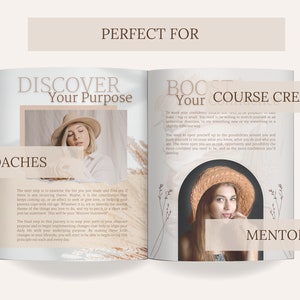 Puede incluir: Una revista de doble p&aacute;gina con los titulares &laquo;Descubre tu prop&oacute;sito&raquo; y &laquo;Impulsa a tus creadores de cursos&raquo;. La imagen presenta a una mujer con sombrero. El texto incluye &laquo;Coaches&raquo; y &laquo;Mentores&raquo;.