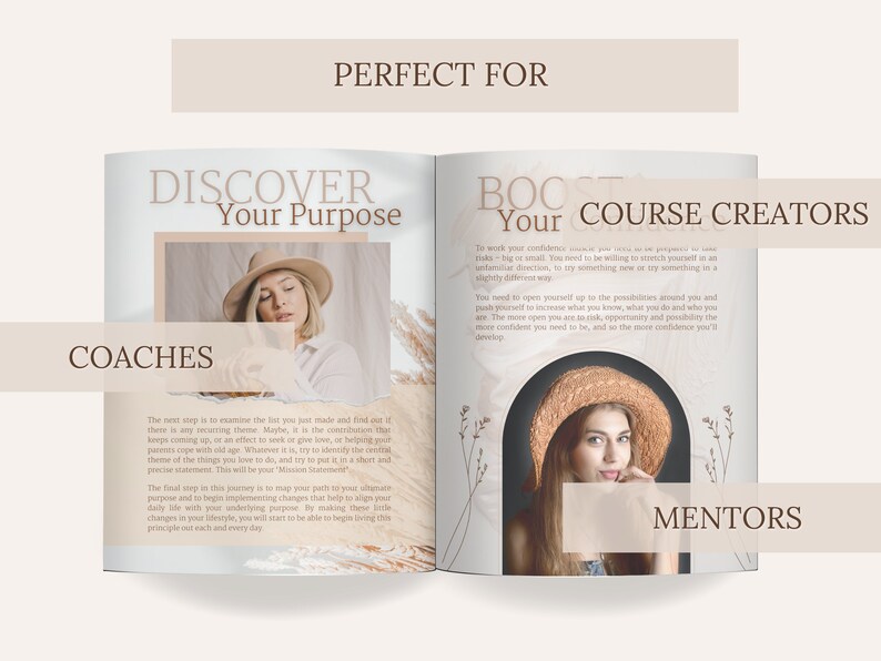 Puede incluir: Una revista de doble p&aacute;gina con los titulares &laquo;Descubre tu prop&oacute;sito&raquo; y &laquo;Impulsa a tus creadores de cursos&raquo;. La imagen presenta a una mujer con sombrero. El texto incluye &laquo;Coaches&raquo; y &laquo;Mentores&raquo;.