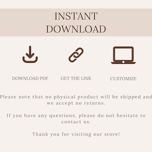 Puede incluir: Gr&aacute;fico beige con las palabras "INSTANT DOWNLOAD" en la parte superior. Debajo, tres iconos: una flecha hacia abajo, un eslab&oacute;n de cadena y un port&aacute;til. El texto debajo de los iconos dice "DOWNLOAD PDF", "GET THE LINK" y "CUSTOMIZE".