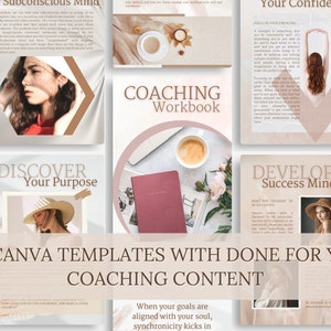 Puede incluir: Una colecci&oacute;n de 50 plantillas de Canva con contenido de coaching listo para usar. Las plantillas presentan una paleta de colores neutros con im&aacute;genes y texto, incluyendo "Coaching Workbook", "Discover Your Purpose" y "Develop Success Mindset". El tema general es el desarrollo personal.
