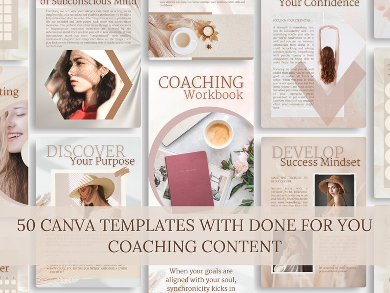 Puede incluir: Una colecci&oacute;n de 50 plantillas de Canva con contenido de coaching listo para usar. Las plantillas presentan una paleta de colores neutros con im&aacute;genes y texto, incluyendo "Coaching Workbook", "Discover Your Purpose" y "Develop Success Mindset". El tema general es el desarrollo personal.