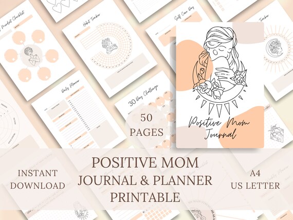 Positive Mom Journal, Planner Printable, Self-Care & Gratitude Checklists