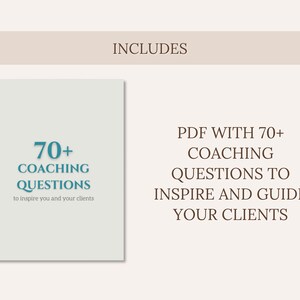 Puede incluir: Un PDF digital con m&aacute;s de 70 preguntas de coaching para inspirar y guiar a los clientes. La portada presenta el texto "70+ COACHING QUESTIONS" en verde azulado, con texto adicional debajo. El fondo es beige suave.