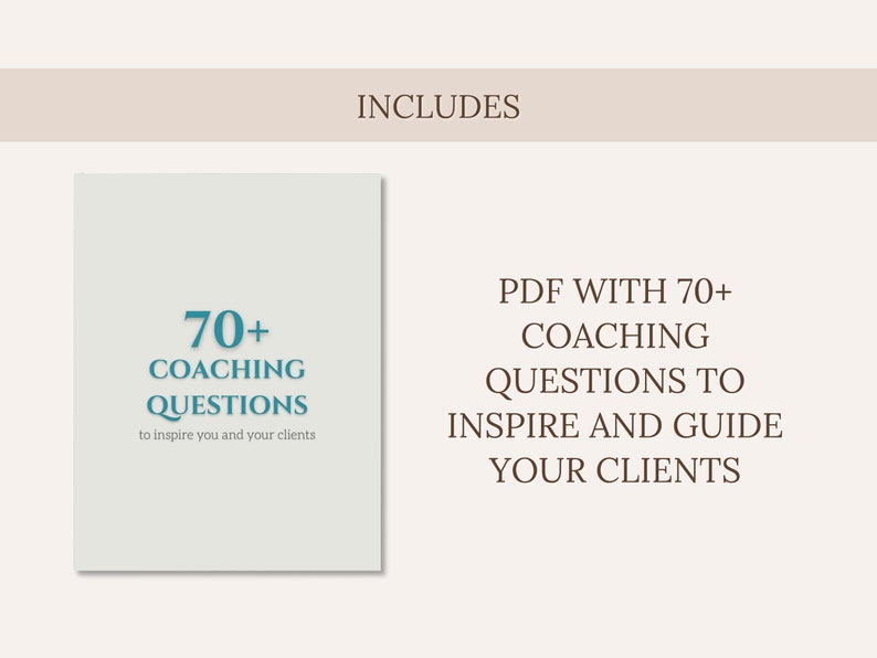Puede incluir: Un PDF digital con m&aacute;s de 70 preguntas de coaching para inspirar y guiar a los clientes. La portada presenta el texto "70+ COACHING QUESTIONS" en verde azulado, con texto adicional debajo. El fondo es beige suave.