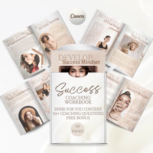 Puede incluir: Un cuaderno blanco titulado "Success Coaching Workbook" con el texto "Done for You Content" y "70+ Coaching Questions". El cuaderno est&aacute; rodeado de folletos abiertos con t&iacute;tulos como "Boost Your Confidence" y "Discover Your Purpose".
