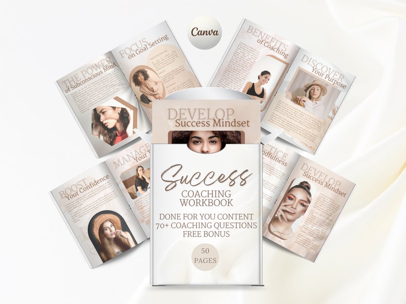 Puede incluir: Un cuaderno blanco titulado "Success Coaching Workbook" con el texto "Done for You Content" y "70+ Coaching Questions". El cuaderno est&aacute; rodeado de folletos abiertos con t&iacute;tulos como "Boost Your Confidence" y "Discover Your Purpose".