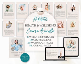Modèle Canva de cours sur la santé holistique, cahier d'exercices pour coach holistique, diapositives modifiables, guide de bien-être du client, ensemble de coaching Done For You