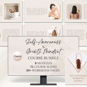 Growth Mindset Course Bundle, Canva Coaching Masterclass Templates, Self Awareness Workbook, Slide Deck Webinar, Done for you Content