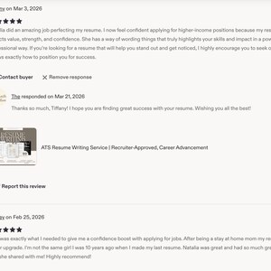 May include: A digital screenshot of an Etsy review page featuring two five-star customer reviews for a service. The page displays text from customers Tiffany and Ashley, a seller response, and a small product thumbnail labeled ATS Resume Writing Service.
