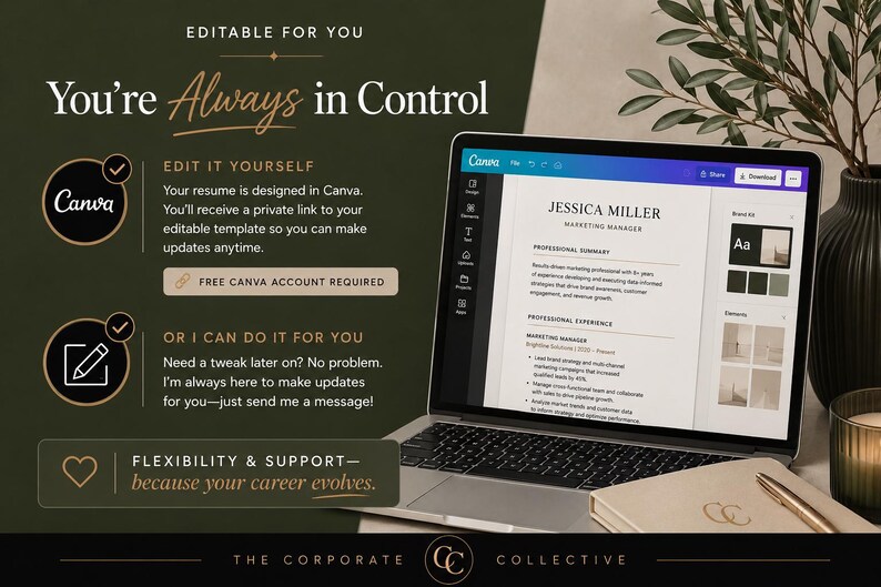 May include: A laptop displaying a resume template in Canva with the text You're Always in Control, Edit It Yourself, and Or I Can Do It For You. The screen shows a resume for Jessica Miller, Marketing Manager, alongside a notebook and pen.