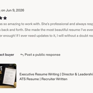 May include: A five-star customer review for an executive resume writing service. The text includes praise for professional communication and resume quality. A small thumbnail shows a document titled Executive Resume Rewrite with gold accents.