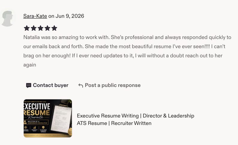 May include: A five-star customer review for an executive resume writing service. The text includes praise for professional communication and resume quality. A small thumbnail shows a document titled Executive Resume Rewrite with gold accents.