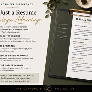 May include: A resume template on a black clipboard with a gold clip, featuring the name Jessica Miller, Marketing Manager. The document includes sections for professional summary and experience, alongside text detailing recruiter insight and strategy.