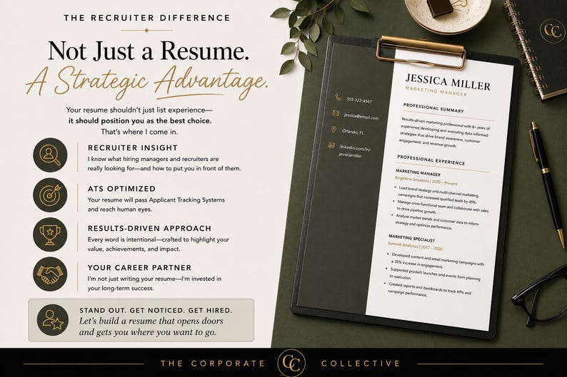 May include: A resume template on a black clipboard with a gold clip, featuring the name Jessica Miller, Marketing Manager. The document includes sections for professional summary and experience, alongside text detailing recruiter insight and strategy.