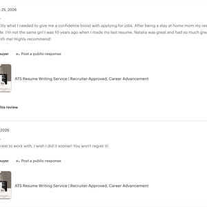 May include: A digital product listing for an ATS Resume Writing Service featuring a dark gray rectangular graphic with the white text RESUME WRITING, accompanied by a document preview and the label Recruiter-Approved, Career Advancement.