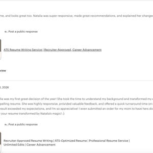 May include: A digital screenshot of two five-star customer reviews for an ATS Resume Writing Service. The reviews feature text praising the service, alongside a thumbnail image of a resume template with the text Resume Writing displayed prominently.