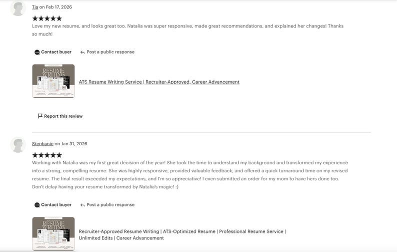 May include: A digital screenshot of two five-star customer reviews for an ATS Resume Writing Service. The reviews feature text praising the service, alongside a thumbnail image of a resume template with the text Resume Writing displayed prominently.
