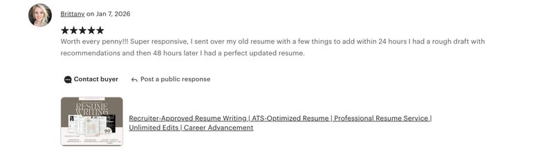 May include: A customer review for a professional resume writing service, featuring a five-star rating and text that reads: Recruiter-Approved Resume Writing | ATS-Optimized Resume | Professional Resume Service | Unlimited Edits | Career Advancement.