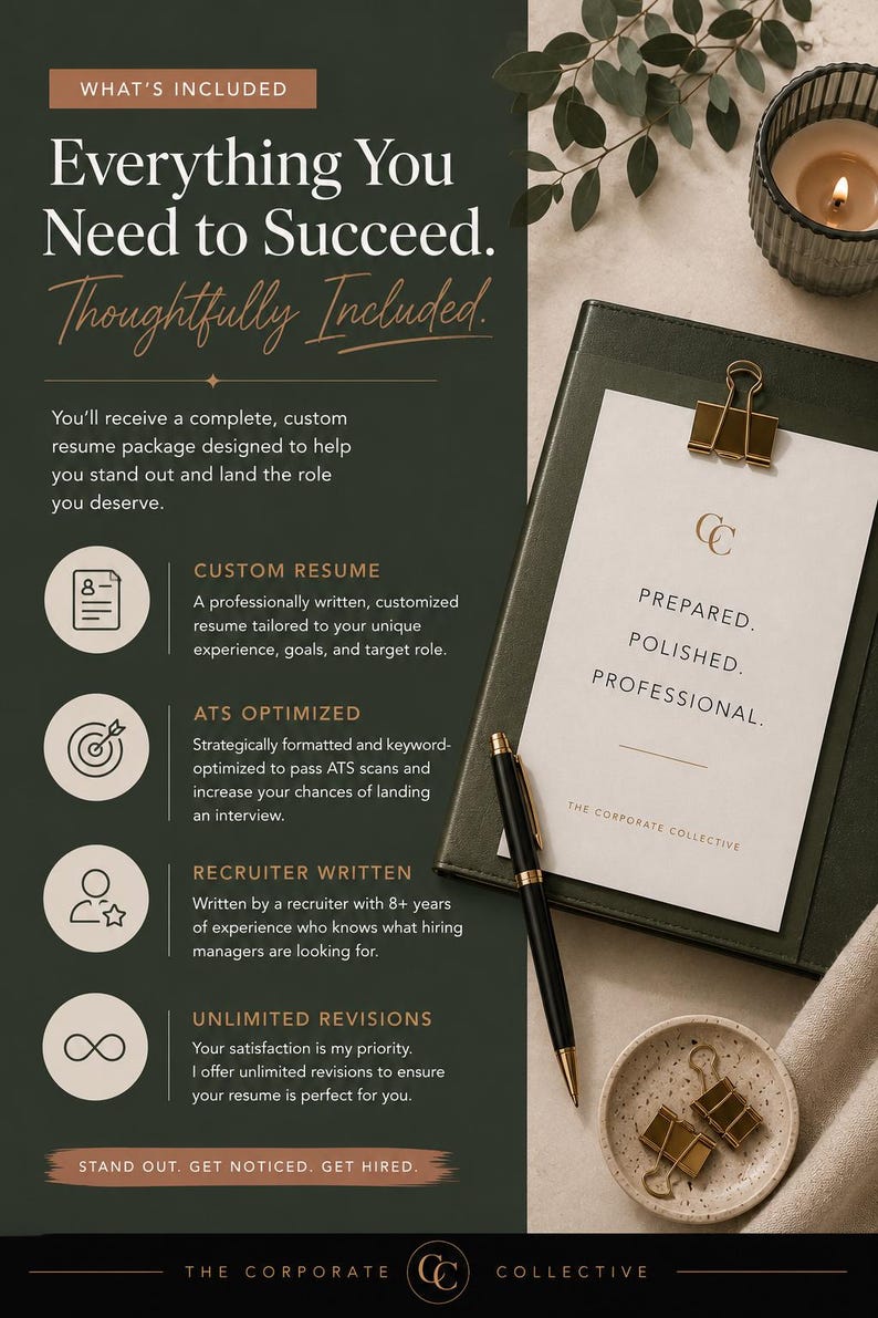 May include: A dark green informational flyer titled Everything You Need to Succeed. It lists resume services including custom writing, ATS optimization, recruiter expertise, and unlimited revisions. A clipboard with a document, a pen, and clips are visible.