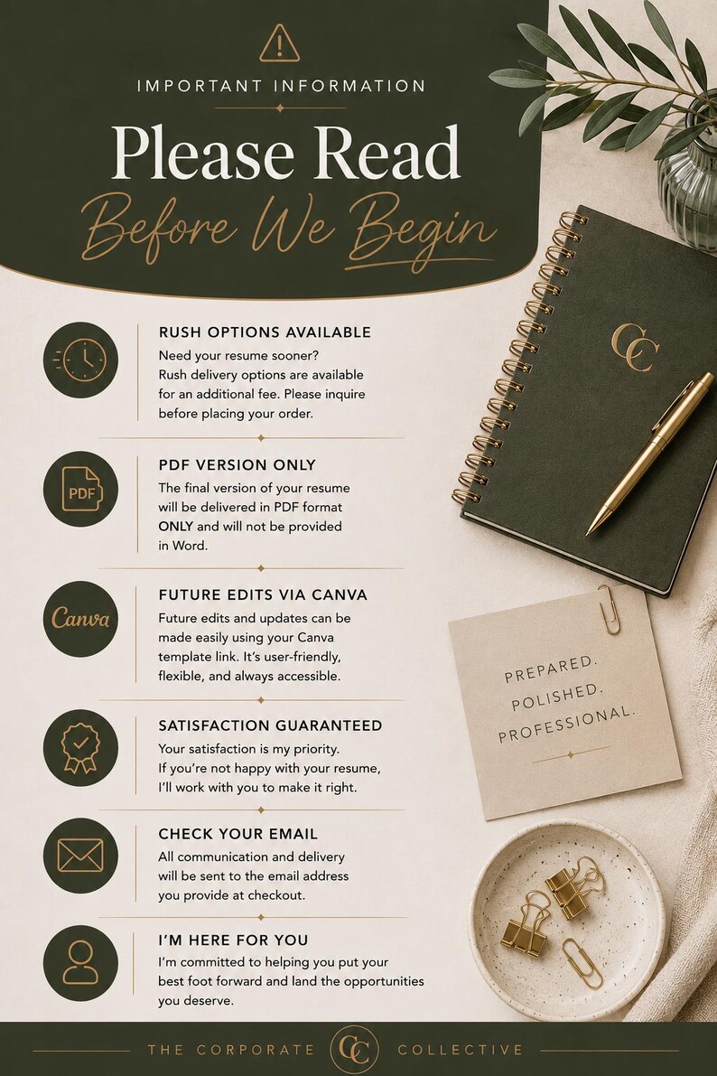 May include: An informational document titled Important Information Please Read Before We Begin, featuring six sections with icons for rush options, PDF format, Canva edits, satisfaction guarantee, email communication, and support, alongside a notebook.