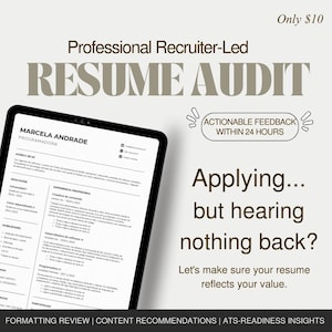 May include: A digital tablet displays a resume with the headline "Professional Recruiter-Led Resume Audit." The text includes "Actionable Feedback Within 24 Hours" and "Applying... but hearing nothing back?" The image promotes resume review services.