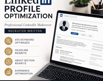May include: A laptop displaying a LinkedIn profile for a Manufacturing Operations Leader. Text on the left reads LinkedIn PROFILE OPTIMIZATION, Professional LinkedIn Makeover, RECRUITER WRITTEN, ATS KEYWORD OPTIMIZED, HEADLINE REWRITE, ABOUT SECTION REWRITE, EXPERIENCE OPTIMIZATION.