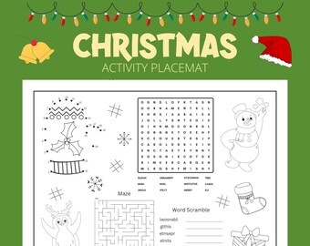 Mantel navideño - Mantel individual para colorear para niños, Mantel individual para niños, Temática navideña, Hoja de actividades, Imprimible, Descarga digital, Fiestas