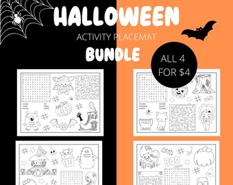 May include: A set of four black and white Halloween themed activity placemats. Each placemat features a different maze, word search, and coloring page. The placemats are designed for kids and feature images of pumpkins, bats, witches, and other Halloween characters. The text "ALL 4 FOR $4" is printed on the image.
