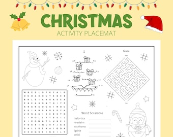 Mantel navideño - Mantel individual para colorear para niños, Mantel individual para niños, Temática navideña, Hoja de actividades, Imprimible, Descarga digital, Fiestas