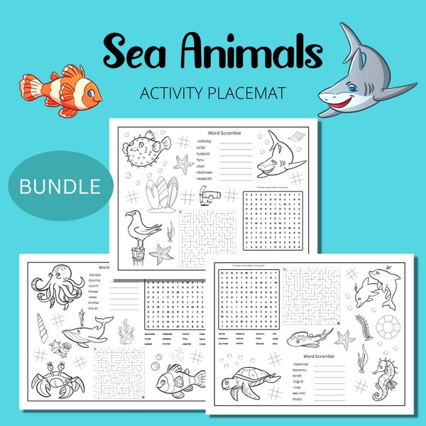 Sea Animals Activity Placemat - Coloring Placemat For Kids, Kids Placemat, Ocean Themed, Activity Sheet, Sea Life, Marine, Printable