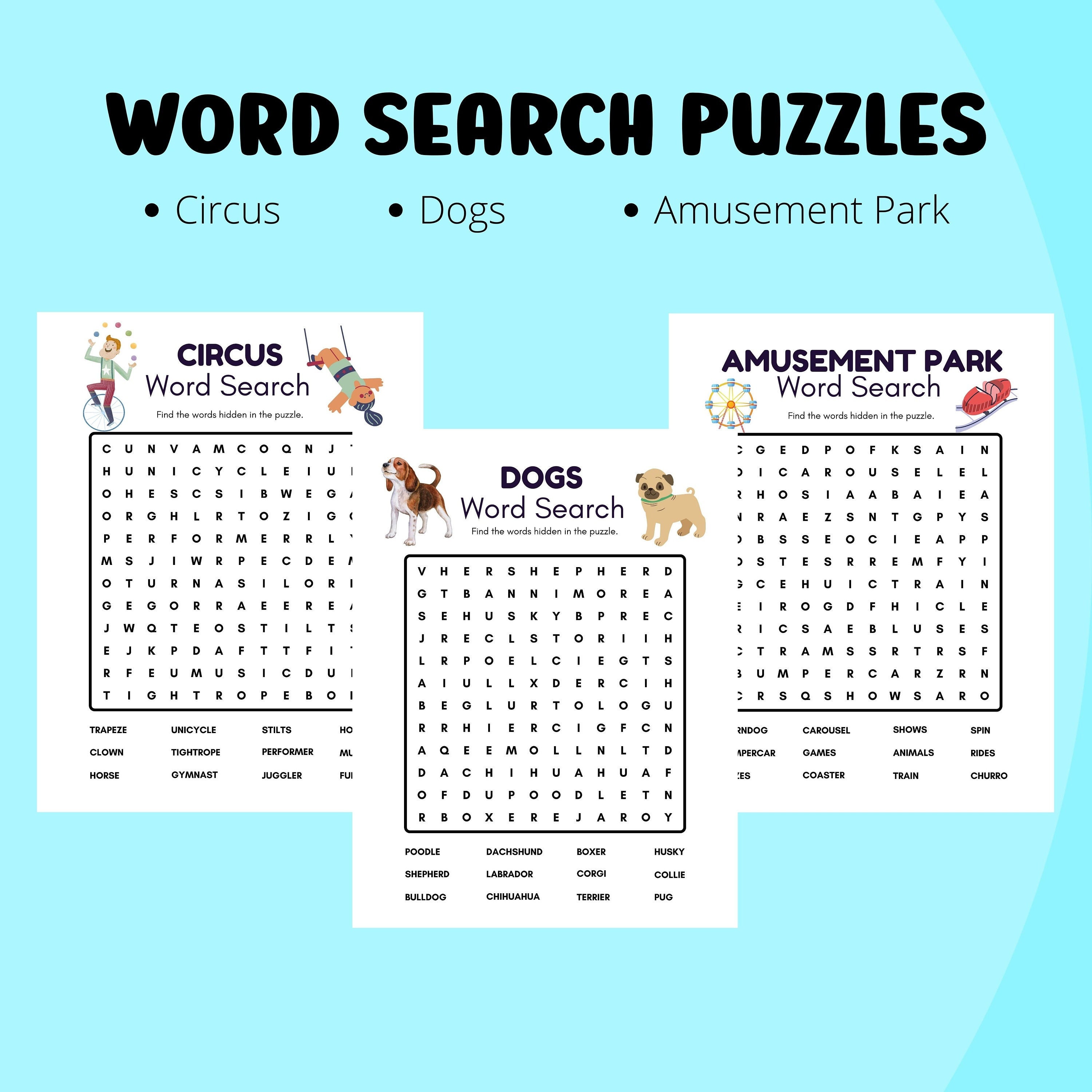Word Search - Puzzles, Activity for Kids, Circus, Dogs, Amusement Park